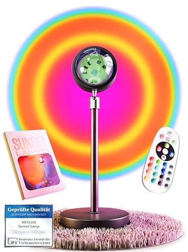 HEYLED® Sunset Lamp – 16 Farben LED Sunset Lampe - Inkl. EBOOK - Mit Fernbedienung für Farbwechselsteuerung und ein angenehmes Sonnenlicht