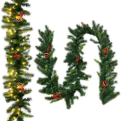 COSTWAY 270cm Weihnachtsgirlande mit Beleuchtung, 100 LEDs warmweiß, künstliche Tannengirlande mit Tannenzapfen & Roten Beeren, für Tür Kamine Treppe Innen Außen, beleuchtete Weihnachtsdeko, Grün