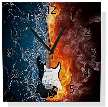 Wallario Design Wanduhr Feuer-Wasser-Gitarre aus Aluverbund, Alu-Uhr Größe 30 x 30 cm, Schwarze Zeiger mit Metalloptik