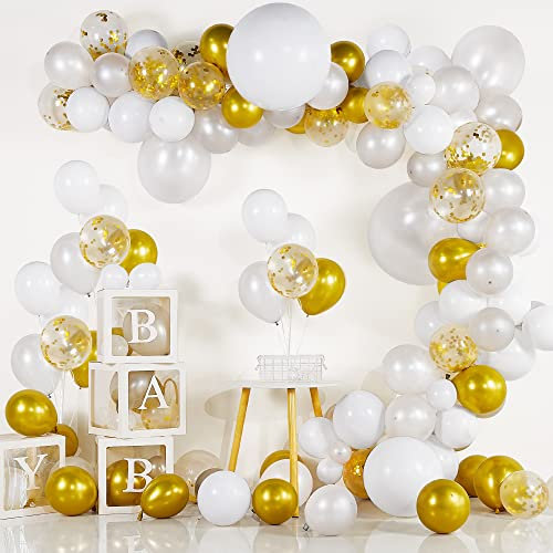BAZADER Gold Weiß Luftballons Girlande Kit, 127 Stück Silber Metallischen Gold White Ballons mit Konfetti Ballon für Babyparty Geburtstag Hochzeit Dekoration Jubiläum