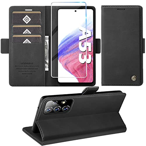 Giyer für Samsung Galaxy A53 5G Hülle mit Panzerglas Schutzfolie, Handyhülle Galaxy A53 5G Standfunktion Kartenfach Brieftasche Premium Leder Schutzhülle Case Cover Stoßfest Flip Case Schwarz