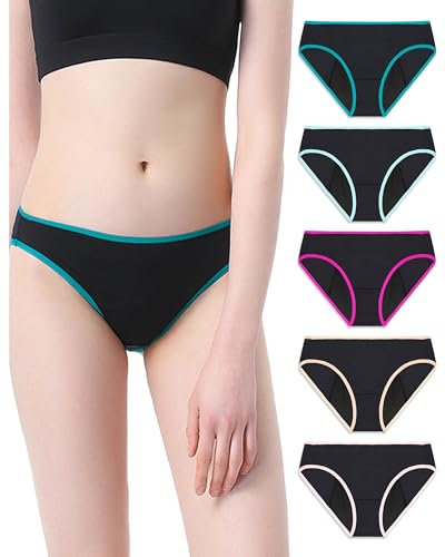 Neione Periodenunterschwäsche Menstruation Unterhosen Perioden Unterwäsche Damen Brazilian Slip Mädchen Periodenunterwäsche 5er Pack Schwarz XXS