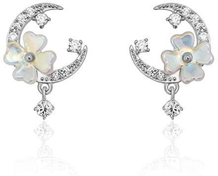 Meissa Sterlingsilber-Ohrringe für Frauen, Mond, Blume, Perlen, baumelnde Ohrringe, Zirkonia, Statement-Ohrringe, handgefertigter Schmuck, hypoallergen (Silber)