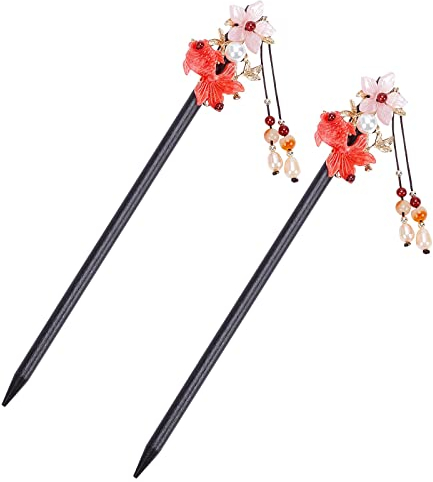 WEBEEDY 2 Pièces Chinois Bois Bâtons de Cheveux Fleur de Poisson Rouge Bâtons de Cheveux pour Femmes Filles Rétro Épingle à Cheveux Fleur Décor Cheveux Baguettes avec Gland pour Cheveux Longs