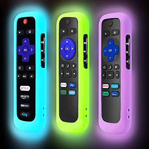 3 Pack Remote Cover for Roku TV Remote Control, Battery Cover for TCL Hisense Roku TV Steaming Stick 4k 4K+ Roku Voice Remote, Universal Silicone Sleeve Case with Glow in The Dark (Blue/Green/Purple)