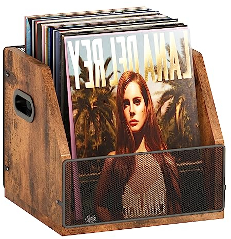 Homeiju Metal & Wood Vinyl Record Storage Crate, Holds up to 60 Records, Rustic Brown Black (1 Pack), Portable, Indoor Use, Music Storage, General Storage