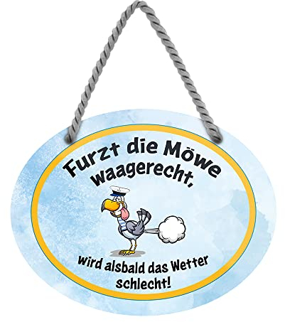 Furzt die Möwe Hängeschild - Metallschild mit Kordel und Saugnapf - lustiges Blechschild für Ostsee Nordsee Fans - Dekoration für Küche Strandkorb Balkon Terrasse Boot - 18x12cm