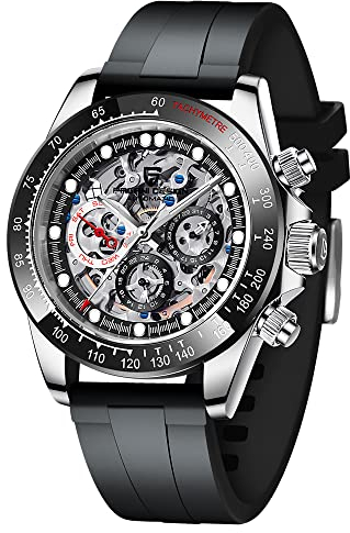 Pagani Design Herren Automatikuhr Diamant Regenbogen Automatik Mechanisch Wasserdicht Edelstahl Chronograph Skelett Herren 40mm (Klebeband Silber und schwarz)