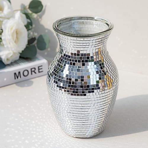 Silberne Vase für Blumen – Mosaik-Glasvase für Dekoration, Discovasen für Mode, Zuhause, Tischdekoration, Hochzeitsblumenarrangeme