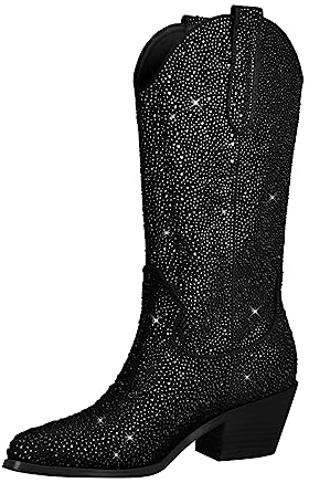 blingqueen Stivali da cowboy con glitter tacco occidentale, Nero , 41 EU