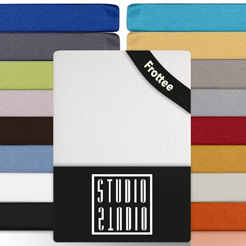 STUDIO Basic Frottee Spannbettlaken 180x200cm – weiches Frottee-Spannbetttuch aus 80 % Baumwolle & 20 % Polyester – Weiß – Öko-Tex Zertifiziert, bügelfrei & elastisch – für Matratzen 15–25cm