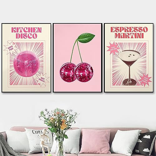 YZNLOQ Art mural disco pour cuisine, peinture sur toile, motif boule disco rose, cerise, expresso, martini, danse, œuvre d'art vintage pour bar, fête, cuisine, 30,5 x 40,6 cm x 7,6 cm, sans cadre