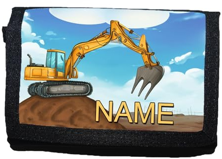 Maus-Design Kinder Geldbörse Bagger personalisiert mit Name | Schriftartwahl, Klettverschluss, Schlüsselring, Fenster