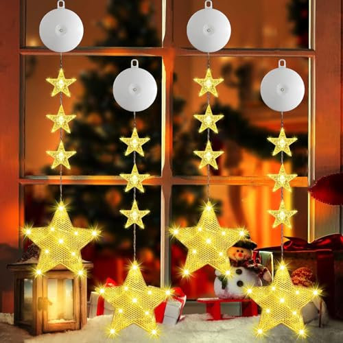 Iluminación navideña para ventana interior, estrellas LED, iluminación navideña, 4 luces LED para ventana colgantes, cadenas de luces de ventana de Navidad, luces decorativas para ventanas de Navidad,