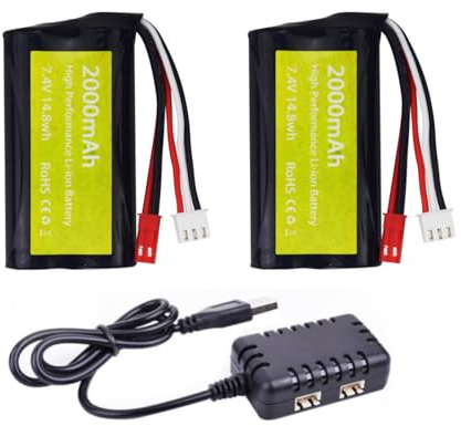 ZYGY 2PCS 7.4V 2000mah 15C 2S JST - 2P fiche Li-Batterie & Chargeur 2 en 1 pour UDIRC UD1601 UD1602 UD1604 UD1607 SG1603 SG1604 RC Haute Vitesse Voiture Bateau Drone Huina ingénierie véhicule