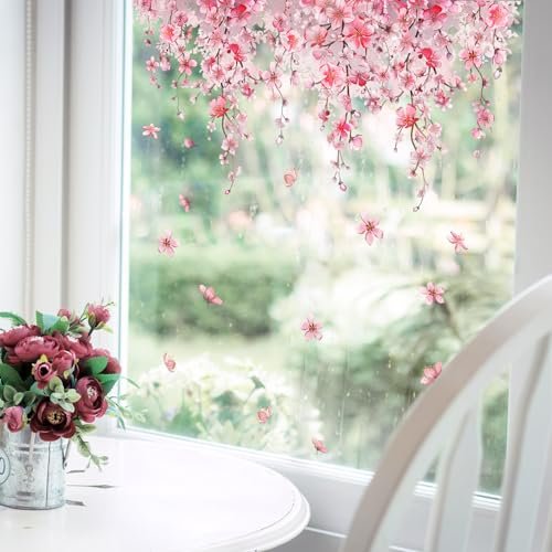 Tanlaby Kirschblüte Blume Fensterbilder Frühling Rosa Hängende Blumen Fensterfolie Selbsthaftend Wiederverwendbare Doppelseitige Statische Anti-Kollision Wohnzimmer Glas Fenster Türen Fensterdeko