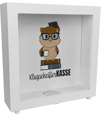 Eule Rahmen Spardose aus Holz mit Spruch Klugscheißer-Kasse Ideal zum Sparen für Abschluss Schule oder neuen Fernseher Belustigt Gäste