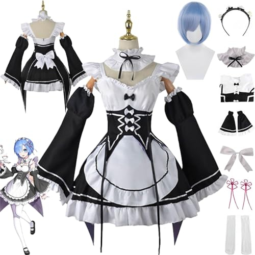Frauen Rem Ram Maid Kleid Cosplay Kostüm Komplettset Halloween Party Outfit mit Perücke Kopfschmuck Karneval Party Zubehör