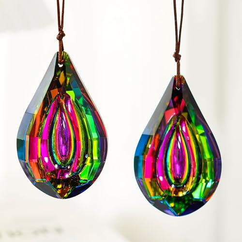 HDCRYSTALGIFTS Kristallprismen, Sonnenfänger für Fenster, 76 mm, Regenbogen-Sonnenfänger, Glas, hängende Prismen, Sonnenfänger, Anhänger für Zuhause, Garten, Dekoration, einseitig, bunt, 2 Stück