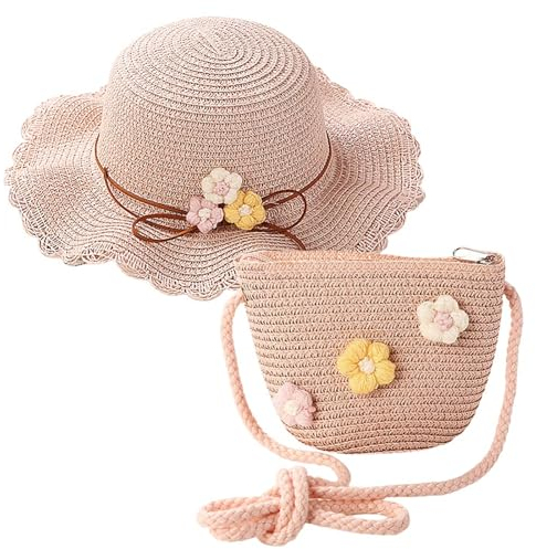HIMKI Strohhut Tasche Set Kinder Sonnenhut Süßer Sommer Strandhut + Strohtasche für Mädchen Reisehut mit Blumendeko für den Urlaub Reise Outdoor, Kopfumfang: 52-54 cm (Stroh, Rosa-B)