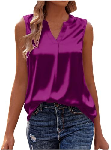 NACQZLI Tanktop Damen Einfarbig Satin Oberteile V-Ausschnitt Tank Tops Ärmellose Tshirts Leicht Camisole Tunika Seidig Spaghetti Strap Pullover Loose Unterhemd Bluse Cami Shirt Partywear für Frauen