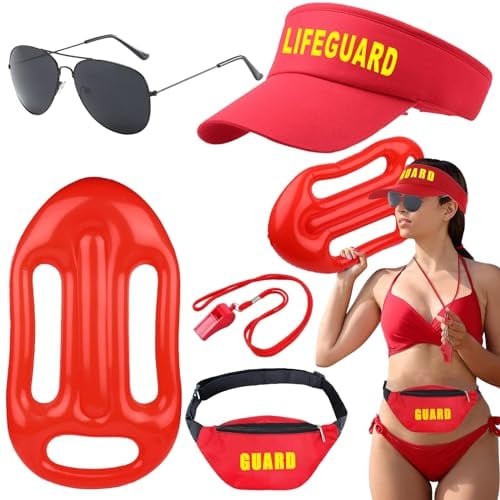 Pipihome Baywatch Kostüm, 5 in 1 Lifeguard Kostüm Badeanzug Boje, Rettungsring, Zubehör, Rot, Verstellbare Sonnenschutz Hut für Erwachsene Fasching Kostüm Karneval Herren & Damen