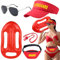 Pipihome Baywatch Kostüm, 5 in 1 Lifeguard Kostüm Badeanzug Boje, Rettungsring, Zubehör, Rot, Verstellbare Sonnenschutz Hut für Erwachsene Fasching Kostüm Karneval Herren & Damen