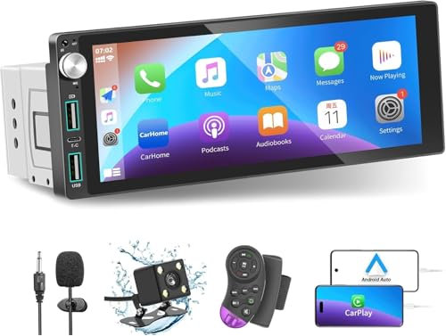 Radio de Coche Bluetooth 1-DIN con CarPlay y Android Auto, con Reproductor de Pantalla táctil de 6,9 Pulgadas, Mirror Link/RDS Radio FM/USB/Tipo-C/Micrófono/Cámara de Marcha atrás/Mando a Distancia.