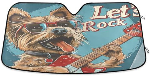 Divertidos parasoles de coche con diseño de perro de dibujos animados con guitarra, para ventanas delanteras, acordeón, bloques plegables, rayos UV, parasol reflectante para ventana de coche, camión,