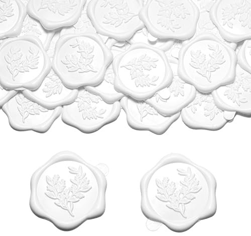 Filhome Wachssiegel Selbstklebend 50 Stück Umschlagaufkleber Wachssiegelstempel Sticker Siegelaufkleber für Hochzeit Geburtstag Party (Weiß, Eukalyptus #2)