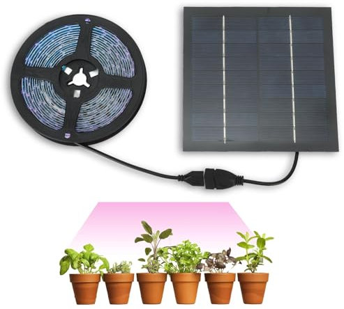 HERCHR Strisce Luminose per Piante, 5M 5W 5V 5A Striscia Luminosa Per Coltivazione di Piante Solari Lampada per Coltivazione a LED Energia Solare Promuove la Crescita con Pannello Solare