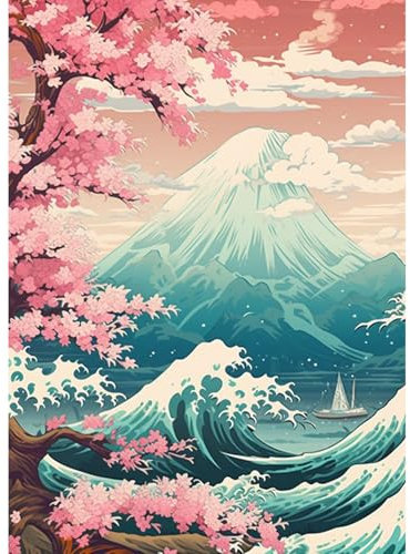 QENSPE 5D Japonais Paysage Diamond Painting pour Adulte, DIY Kit Peinture Diamant Vague, Montagne Diamond Painting Broderie Kit Complet, Diamond Art Point de Croix Decoration Chambre Murale 30x40cm