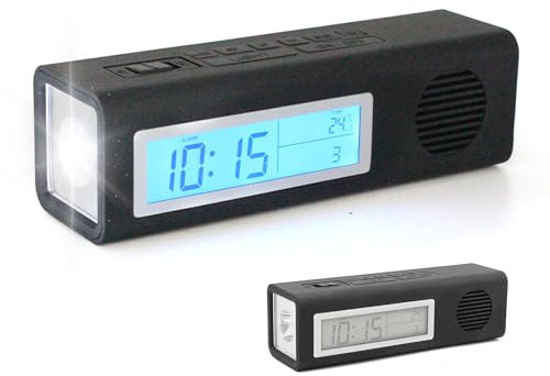 Radio Réveil Torche - Réveil Soft Touch - Fonction Alarme, Radio, Température, Calendrier, Minuteur, Torche - Éclairage LED 100 Lumens - Rétro Éclairage Bleu - Station Radio FM - Portable - sans Fil