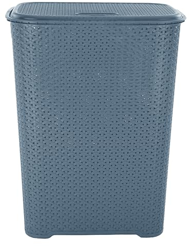 JMS we create smile 65L Litres Large Laundry Basket with Flap Lid | Knit Design Laundry Hamper Washing Clothes Linens Storage Basket With Handles for Laundry Bedrooms (Blue)