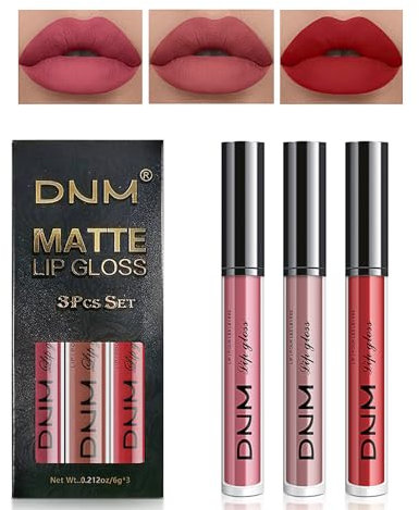 Desing Wish 3 Pezzi Rossetto Lunga Durata Set Lucidalabbra Rossetti Kit Labbra Opaco Nude Rosso Rossetto Lipgloss Rossetto Waterproof Lipstick Matte Trucco Labbra Regalo per Trucchi Donna Ragazza