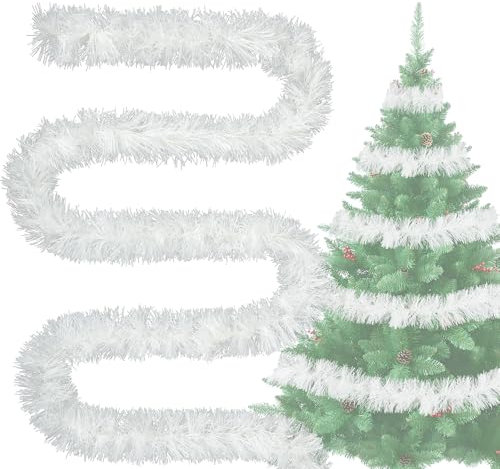 Espumillón Árbol de Navidad Blanco 4X 3M Guirnalda Ø 9 cm, Brillante Decoración de Abeto, Guirnalda Navideña Para Árbol y Decoraciones Blancas