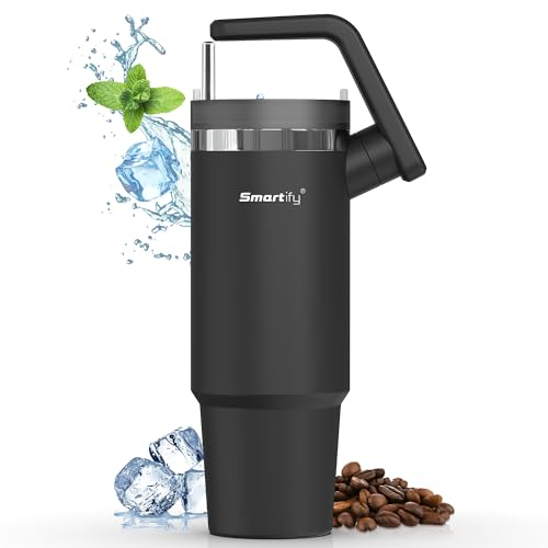 Smartify Thermobecher Edelstahl schwarz mit Henkel - Isolierbecher und Trinkflasche mit Strohhalm & Deckel - Edelstahl Trinkflasche, Kaffebecher für Thermosbecher für Heiß- und Kaltgetränke (950 ml)