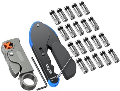 eSynic Professional Coax Crimping Tool F Type Connector Compression Tool Set Coax Cable Crimper Tool Kit for RG59 RG6 with 20Pcs RG6 Coaxial Cable Connectors&Adjustable Coaxial Cable Cutter (Black)