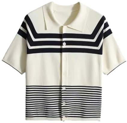 Cardigan da donna in seta di ghiaccio a maniche corte con colletto a righe in filo di cotone lavorato a maglia larga versatile slim top, bianco, XXL