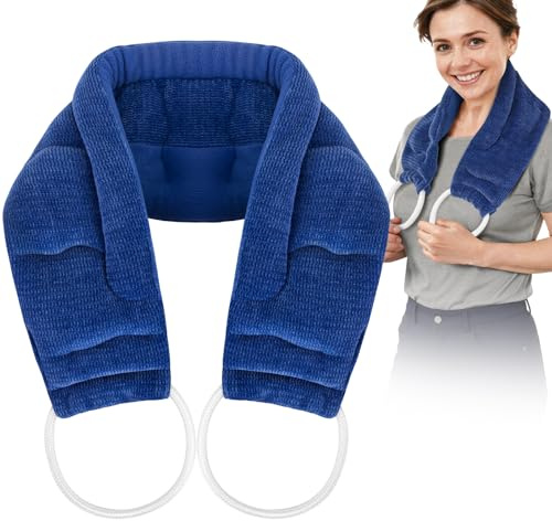 Hilph Microwave Neck Heating Pad with Handles, Long Wheat Bags Microwavable, 88x16.5cm Large Weighted Moist Heat Wrap for Neck Muscle Pain Relief, Unscented Hot Compress for Women and Men - Blue