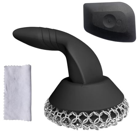 Cast Iron Scrubber with Pan Scraper & Towl, 316 Chainmail Scrubber with Long Handle, Upgraded Chain Mail Scrubber Cleaner for Grill Pan Skillet Wok Carbon Steel Dutch Oven Metal Brush (Black)