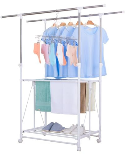 OYWEHECE Wäschetrockner mit Rollen, Wäscherei-Wäscheständer, Edelstahl-hängende Stangen, Innen- und Außengebrauch,B