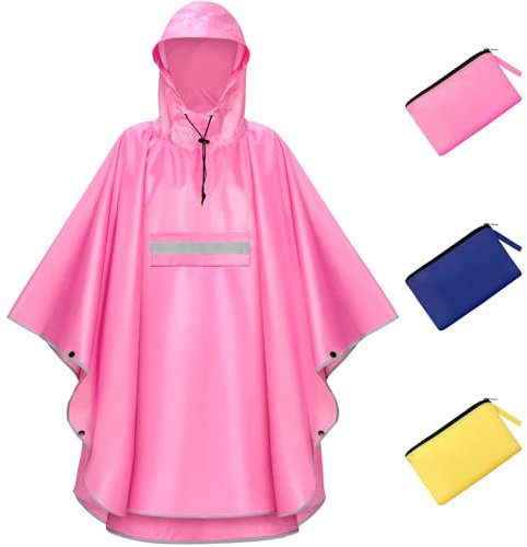NEWIROVE Regencape Kinder, Unisex Regen Poncho Wasserdicht Kinder Regenponcho Rosa 140-160cm