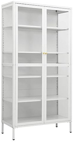 Hommdiy Vitrine Glasvitrine,Glas Vitrine, Wohnzimmer Vitrine Weiß 90x40x180 cm Stahl und Gehärtetes Glas