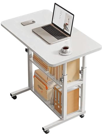 Warmiehomy Adjustable Height Office Desk with Wheels, C Shaped Laptop Table with 2 Shelves, Overbed Bedside Table for Living Room, Bedroom, 60x37x60-90cm, White