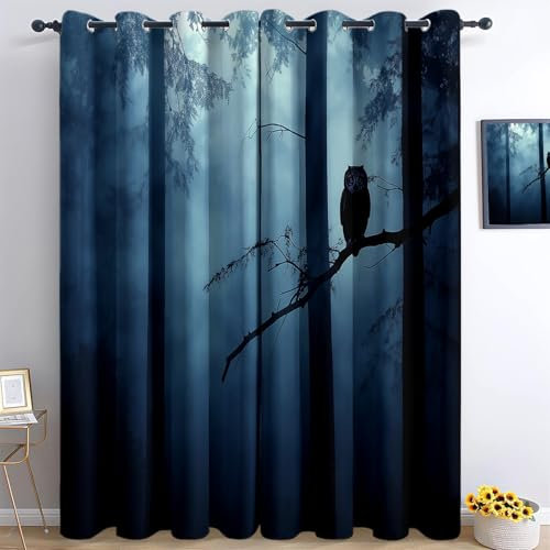 Generisch Blickdicht Vorhang Ösenschal Verdunkelungsvorhang 3D Horrorthema Wald Eule Gardinen Kinderzimmer Wohnzimmer Thermovorhang Polyester Vorhänge 214 x 91.5 cm 2Er Set