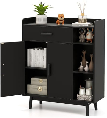 COSTWAY Sideboard Storage Cabinet, Freestanding Wooden Bookcase with Drawer and Adjustable Shelves, Home Hallway Entryway Display Organiser Cupboard (Black)