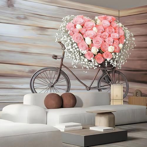 Rétro Grain Bois Papier Peint Effet 3D 350×256cm, Vélo Et Roses Photo Peintures poster geant mural Salon Tv Canapé Thème Hôtel De Luxe Couloir Fond Décor Maison