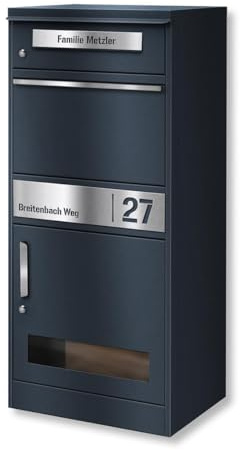 Metzler Paketbox mit Sichtfenster und abschließbarem Fach Anthrazitgrau RAL 7016, wetterfest für Pakete bis DHL-Größe M, freistehend oder Wandmontage, trockene Lagerung, inklusive Montagematerial