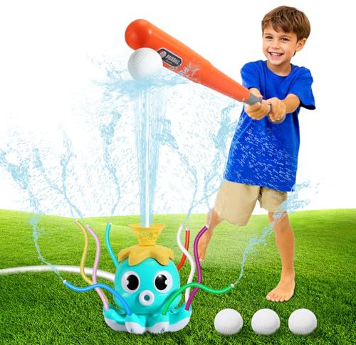 MoKo Water Sprinkler Baseball Toy for Kids Outdoor Play, 2 in 1 Octopus Baseball Water Games, Yard Sprayer Sprinkler, Toddler Outdoor Toys for Backyard Garden Lawn Pool, Sky Blue Octopus